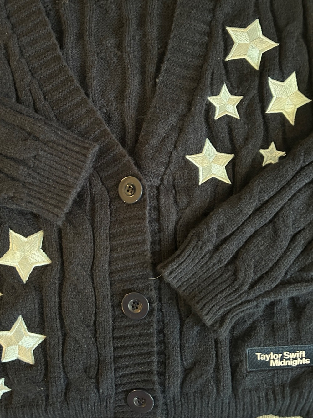 Authentic Taylor Swift Midnight Navy Cable-Knit Cardigan with Star Appliqués - Picture 3 of 8